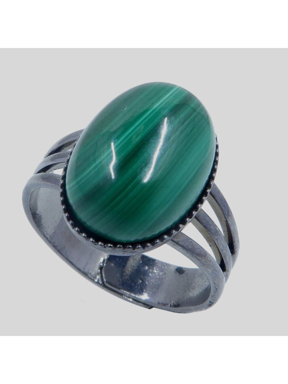 Malachite Ring Tough Gunmetal Adjustable Size 4 to 10 Green Gemstone Boho Jewelr